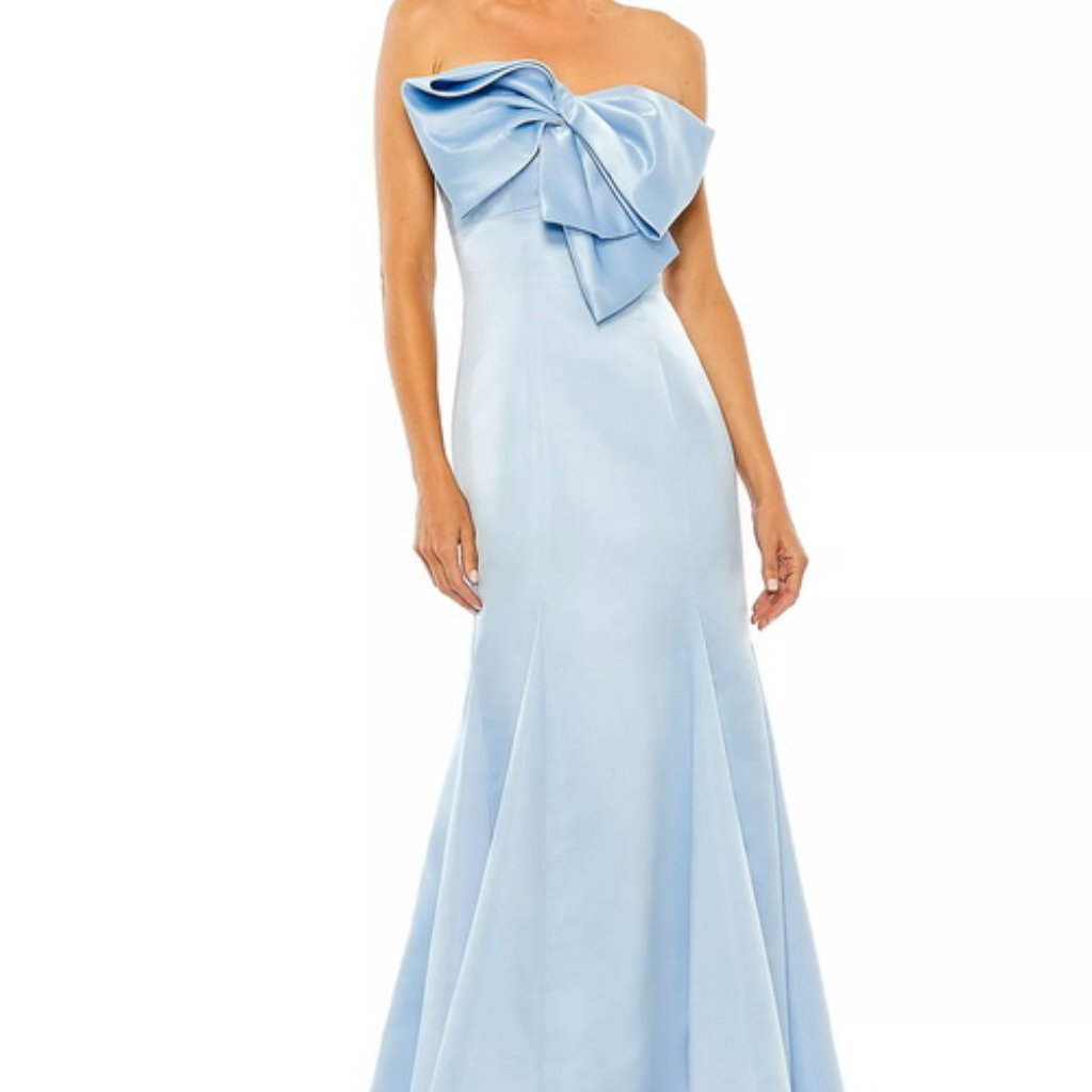 Mac Duggal Powder Blue Bow Strapless Satin Mermaid Gown